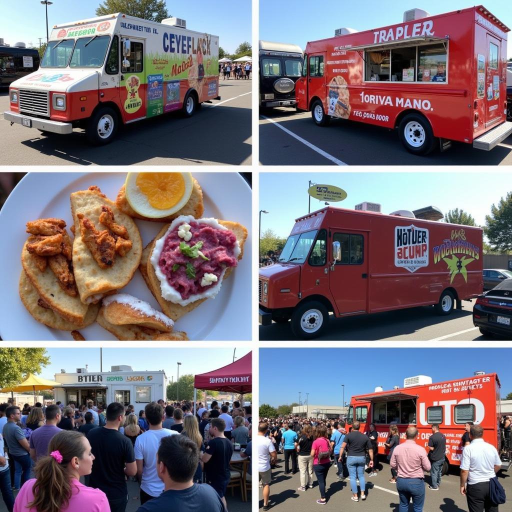 A vibrant collage of various food trucks in Sunnyvale, showcasing different cuisines and styles.