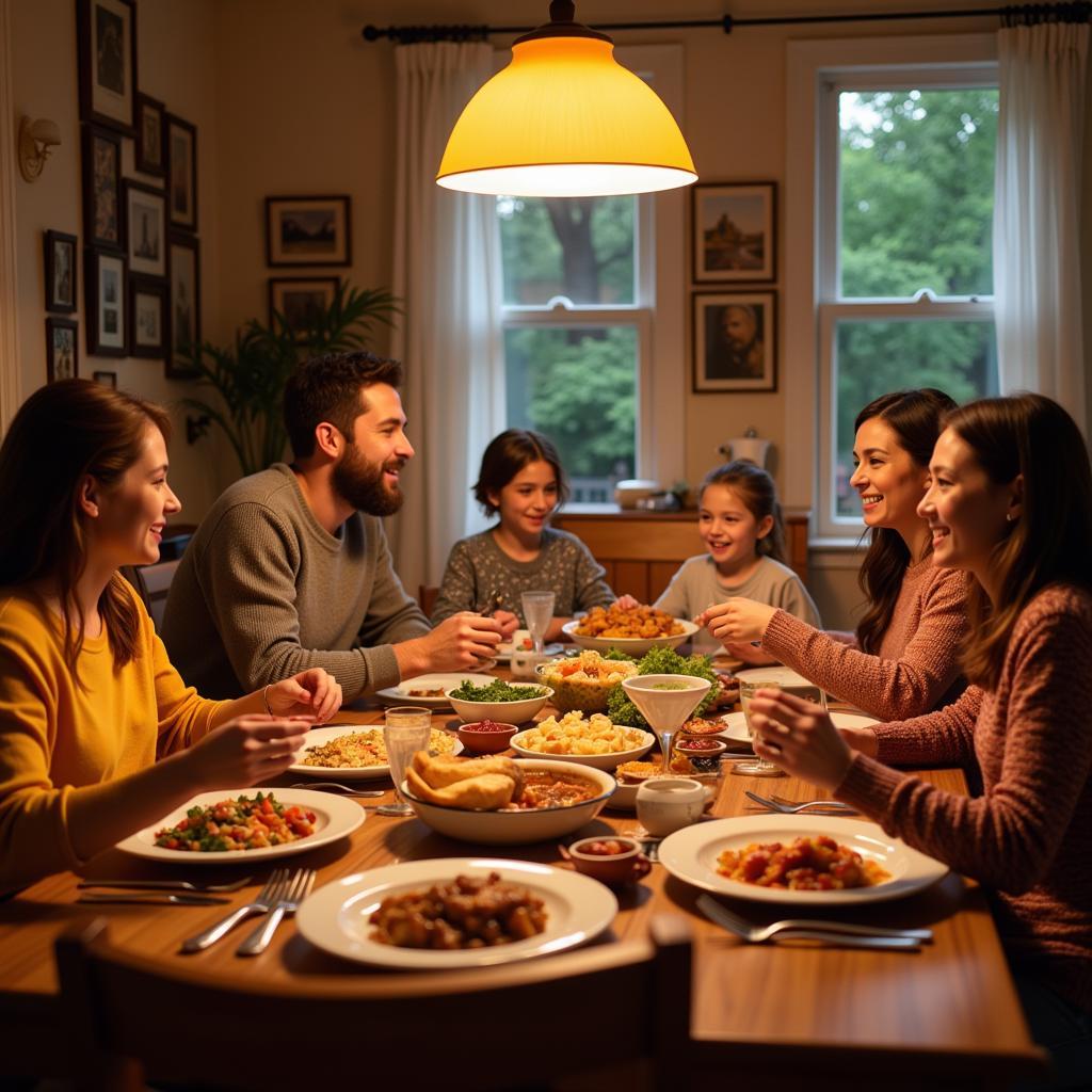 A family gathered around a table enjoying a delicious team food dinner.