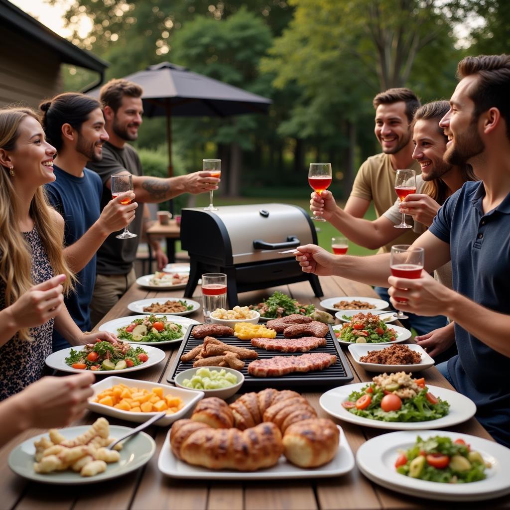 Friends enjoying a barbecue with a variety of team foods.