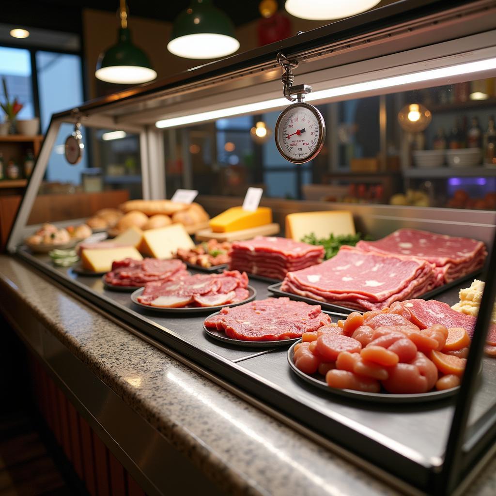 Temperature-controlled display case filled with various deli meats and cheeses.