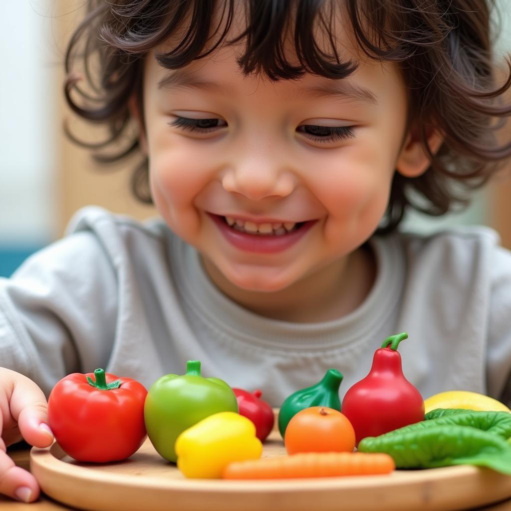 A child smiling while playing with Tender Leaf Toys food, showcasing the benefits of imaginative play.