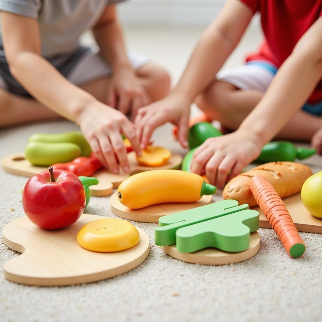 Children playing with a Tender Leaf Toys wooden food set