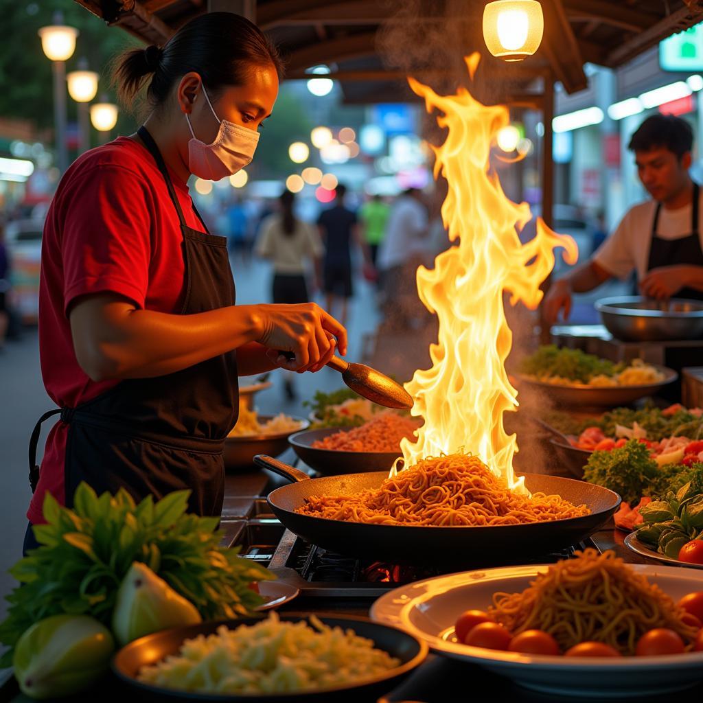 A bustling street food vendor in Bangkok preparing Pad Thai