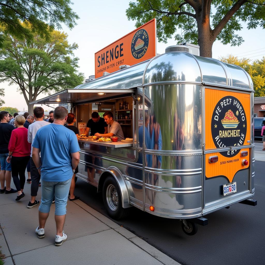 A shiny silver tin tub food truck parked on a busy street corner, serving customers.