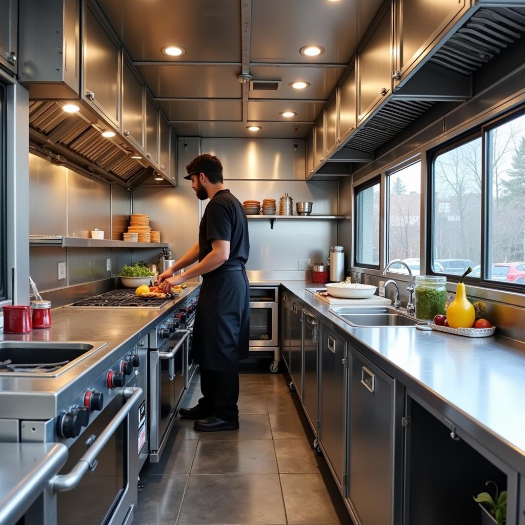 The interior of a tin tub food truck, showcasing a compact and efficient kitchen setup.