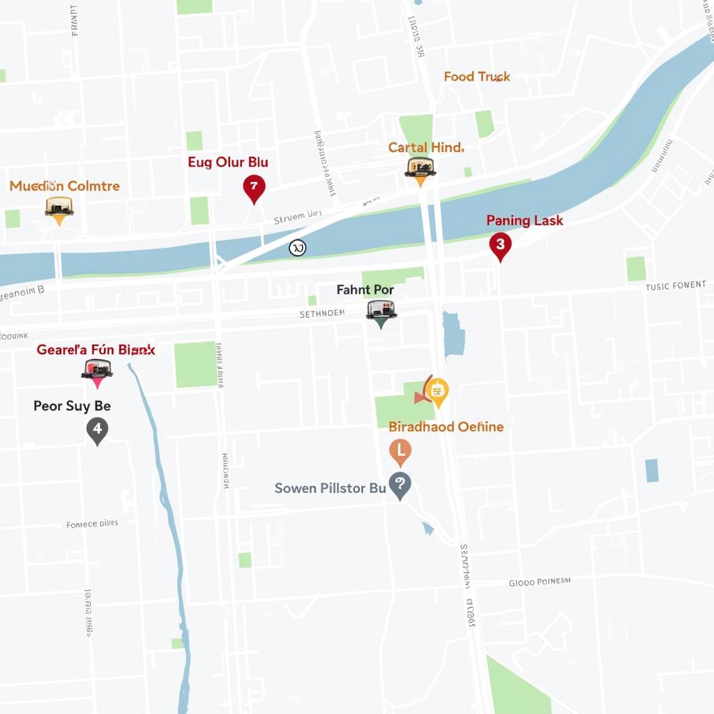 A map highlighting popular locations and events where food trucks gather in downtown Toledo, with icons representing different cuisine types.