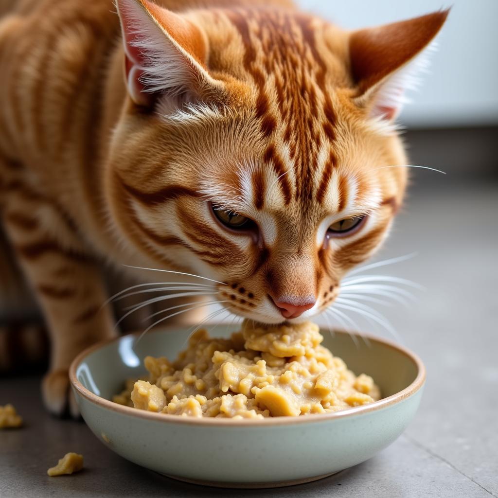 A toothless cat enjoying a bowl of wet food