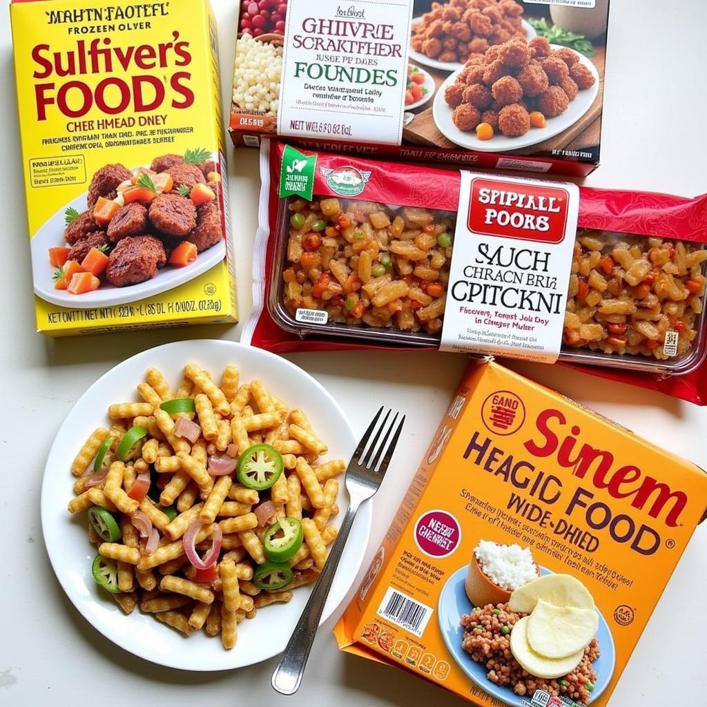 A close-up of various Trader Joe's branded frozen Chinese food boxes.