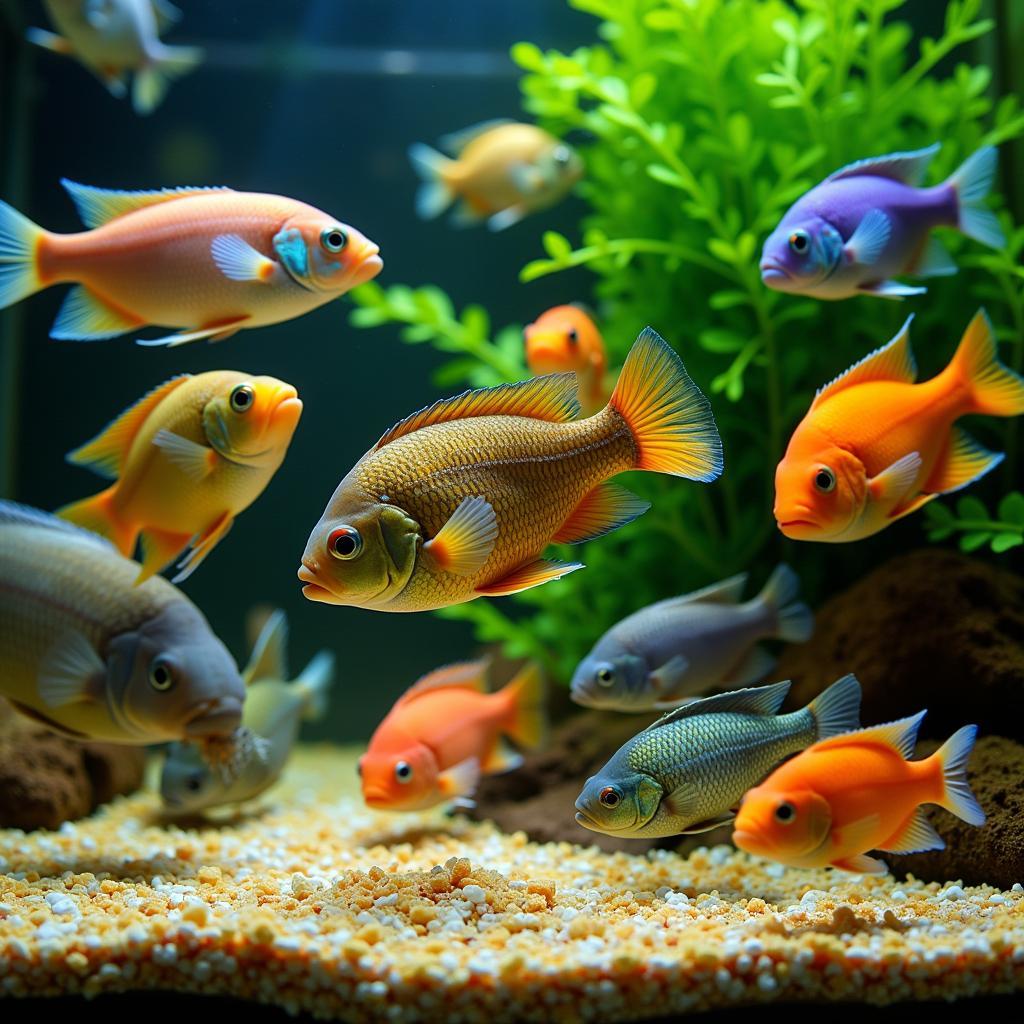 Tropical fish eagerly consuming flake food in a vibrant aquarium.