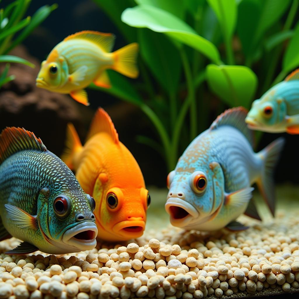 Tropical fish being fed pellets in a well-maintained aquarium.