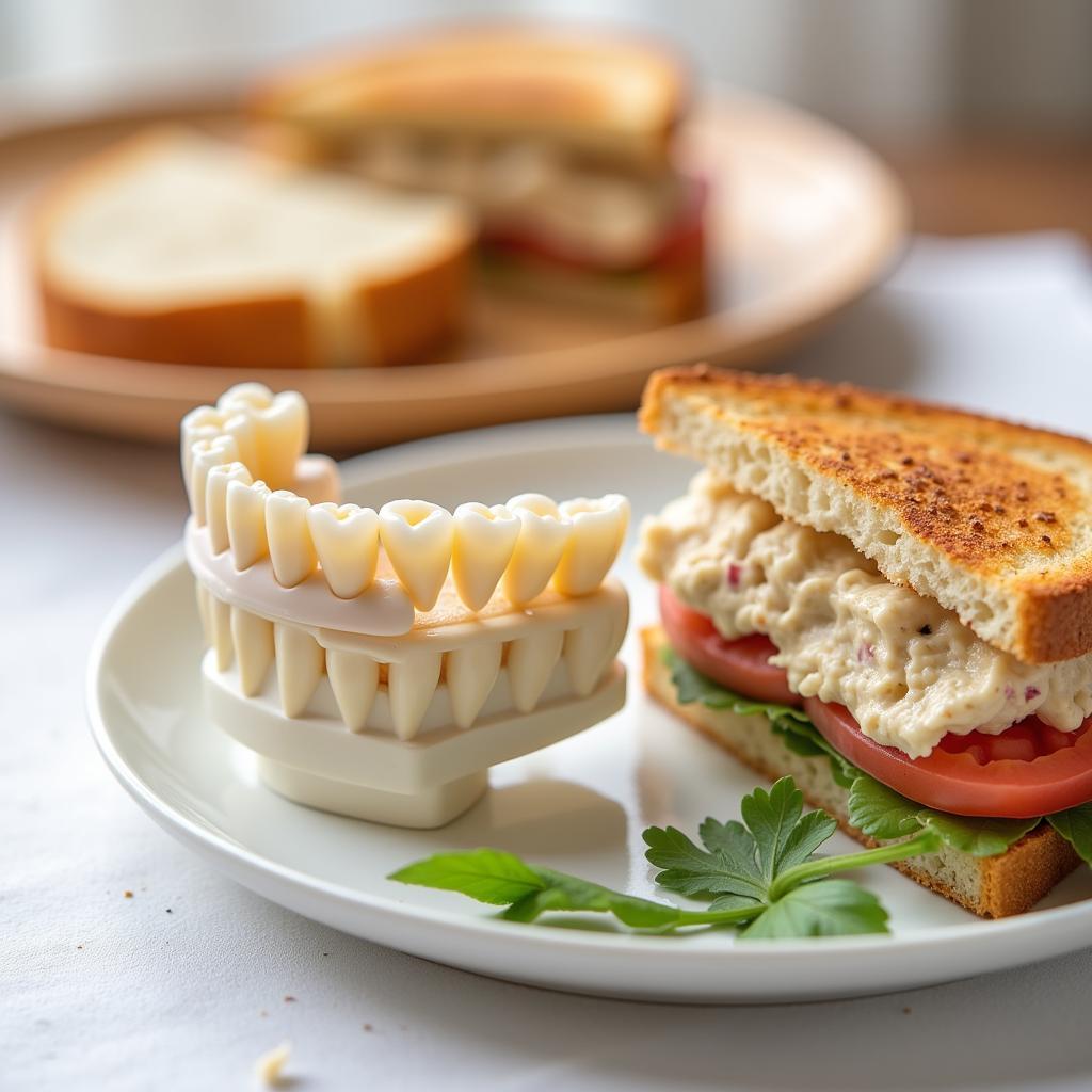 Tuna salad sandwich cut into small, bite-sized pieces for easy consumption with an expander.