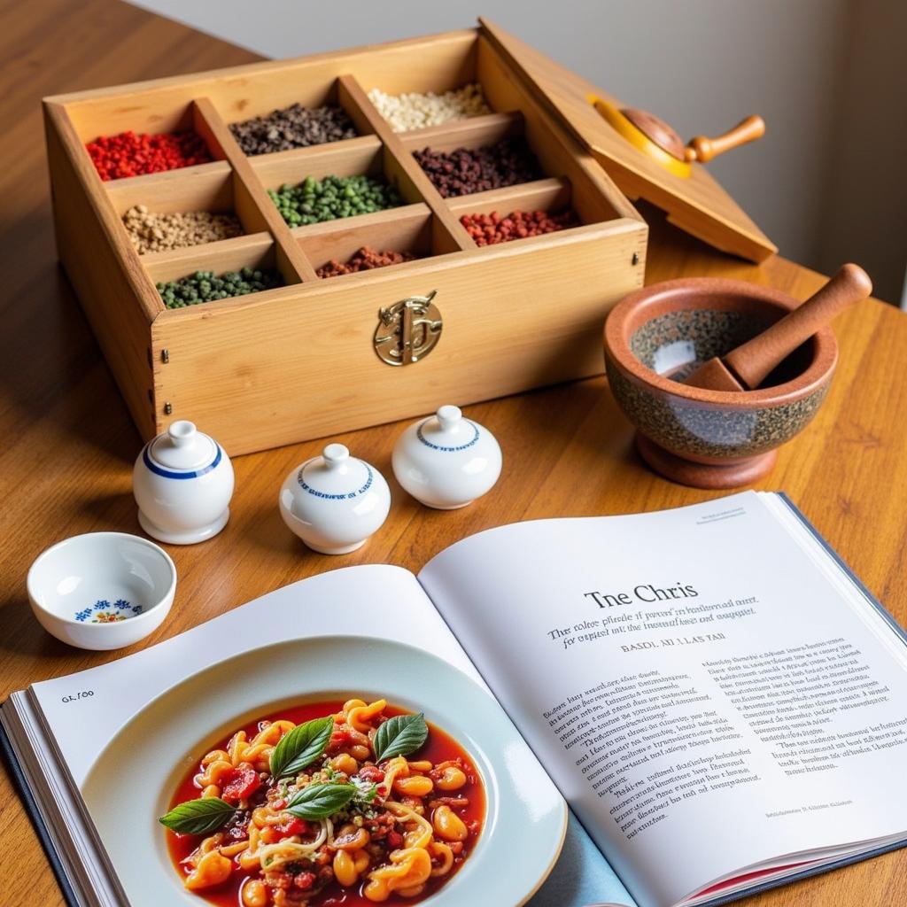 An assortment of unique Asian food gifts, including a beautiful tea set, a selection of exotic spices, and a cookbook featuring authentic Asian recipes.