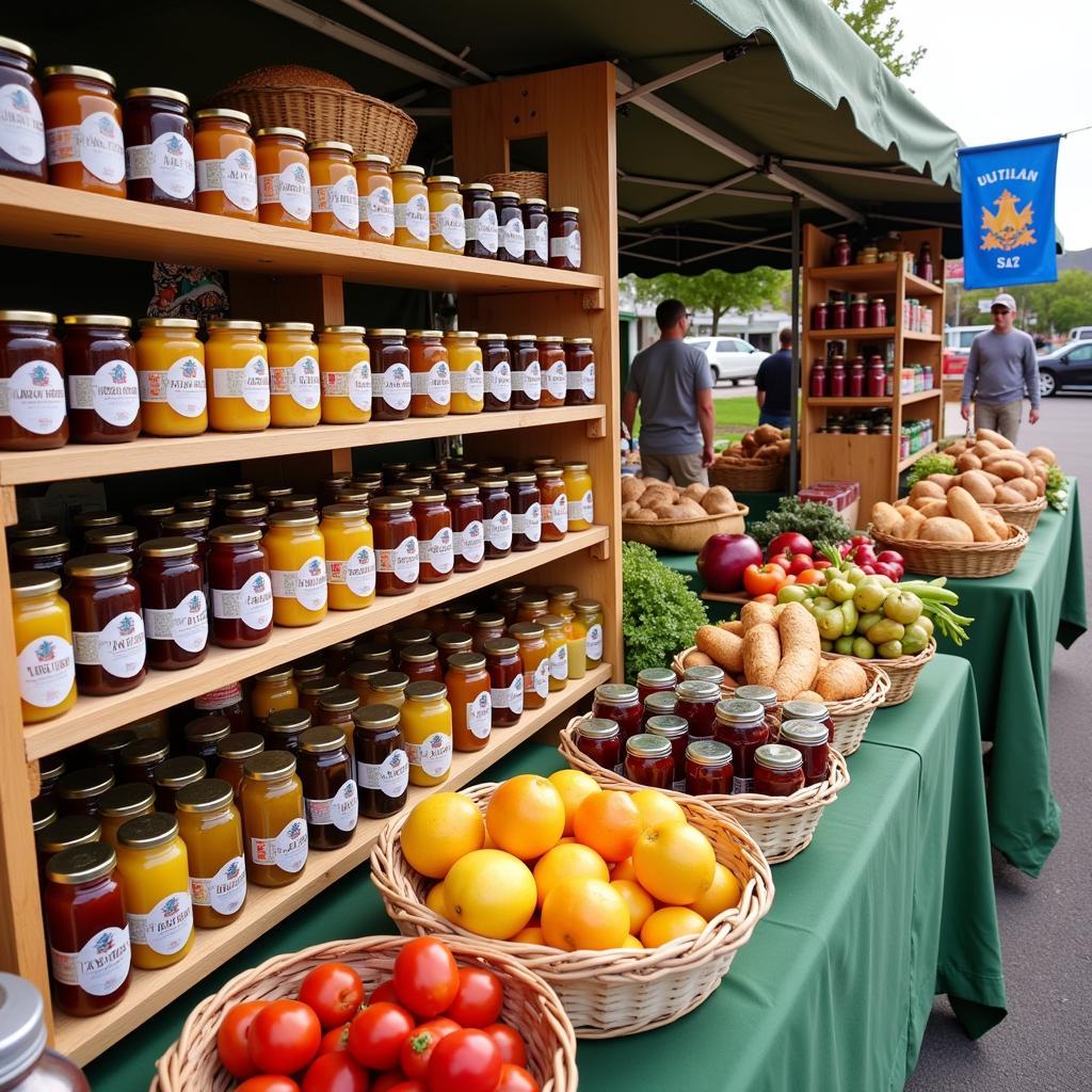 A vibrant display of locally made food products in Utah, showcasing honey, jams, cheeses, and baked goods.