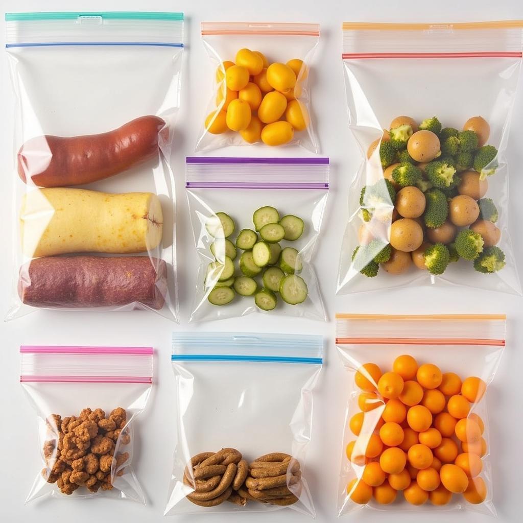 Food preserved for long-term storage using vacuum sealing techniques.