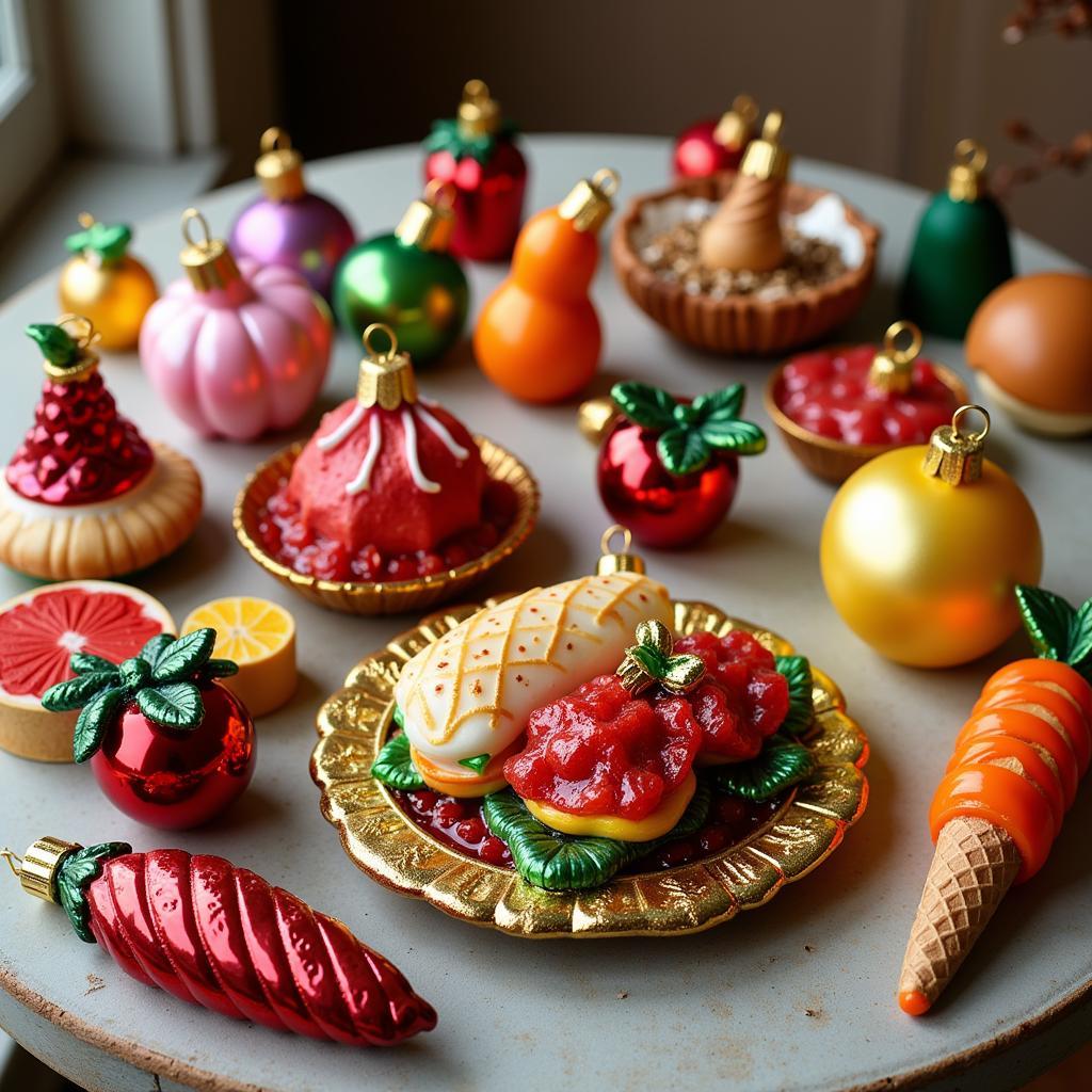 A variety of glass food ornaments displayed on a table