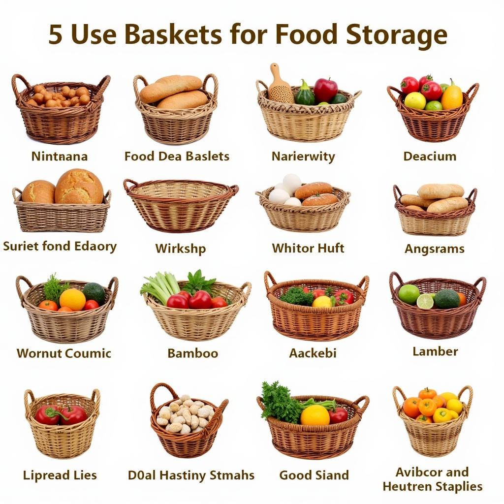 Different types of baskets used for food storage.