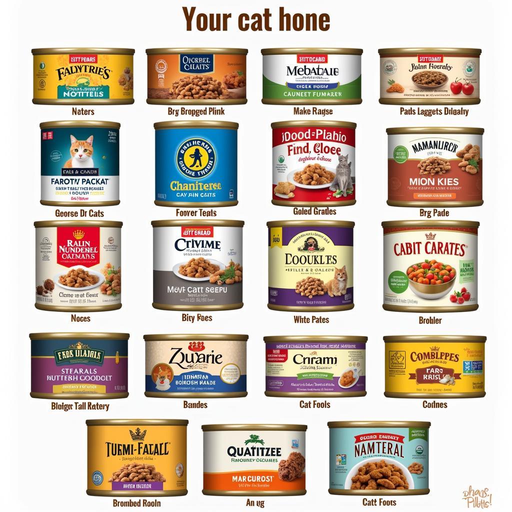 Different brands and flavors of canned pate cat food are displayed on a shelf.