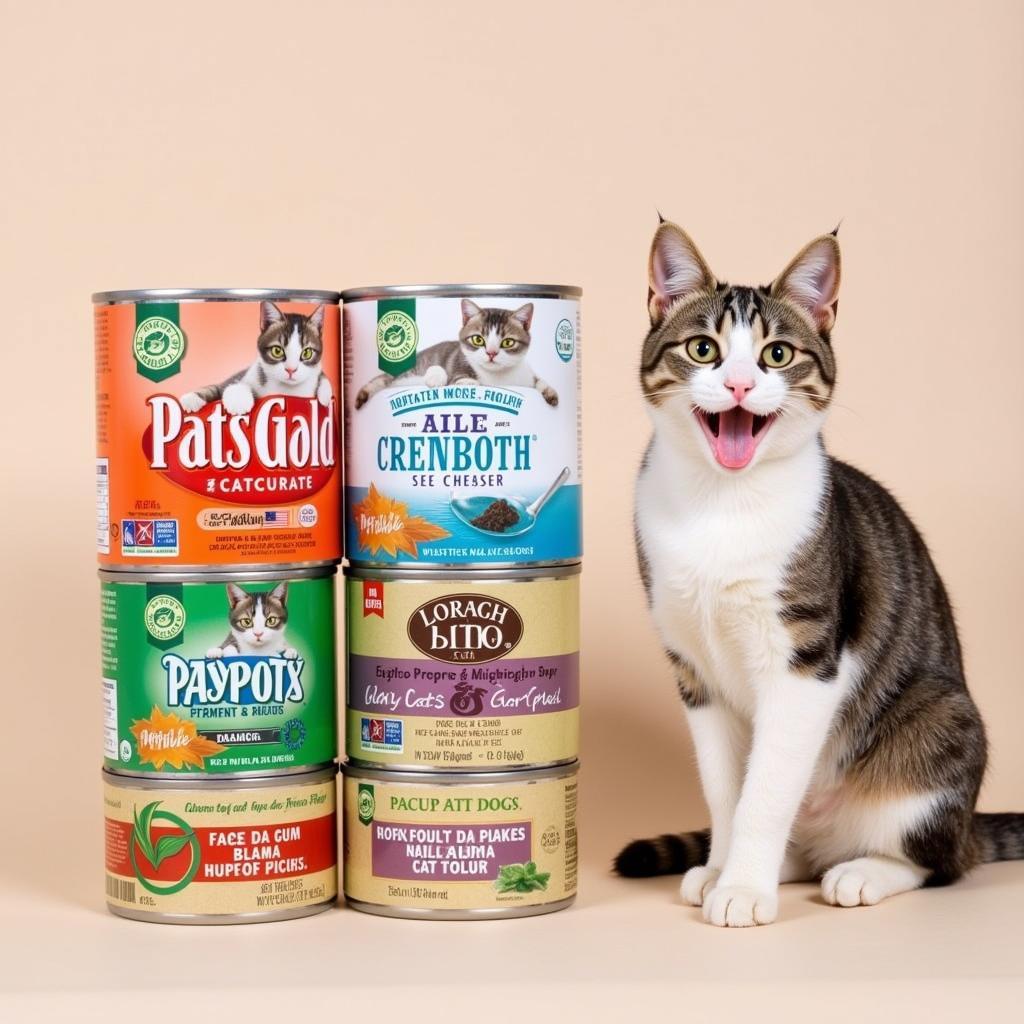 Various brands of canned cat food free from carrageenan and guar gum.