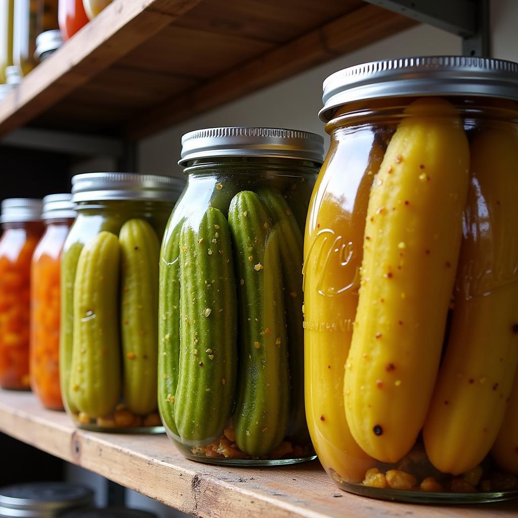 Assorted jars of farm-fresh pickles displayed on a wooden shelf.