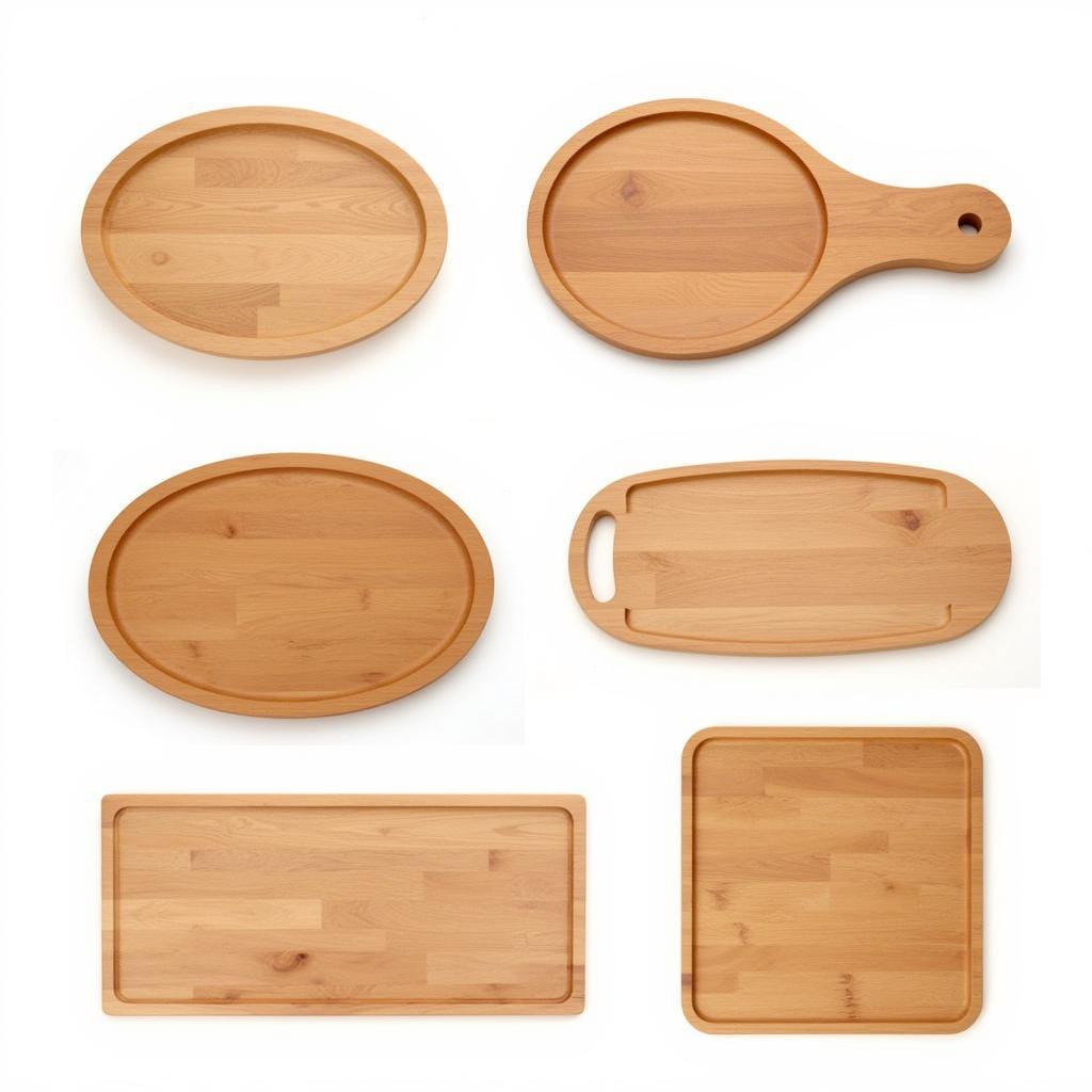 Various wooden platters showcasing different shapes and sizes, suitable for diverse serving needs.