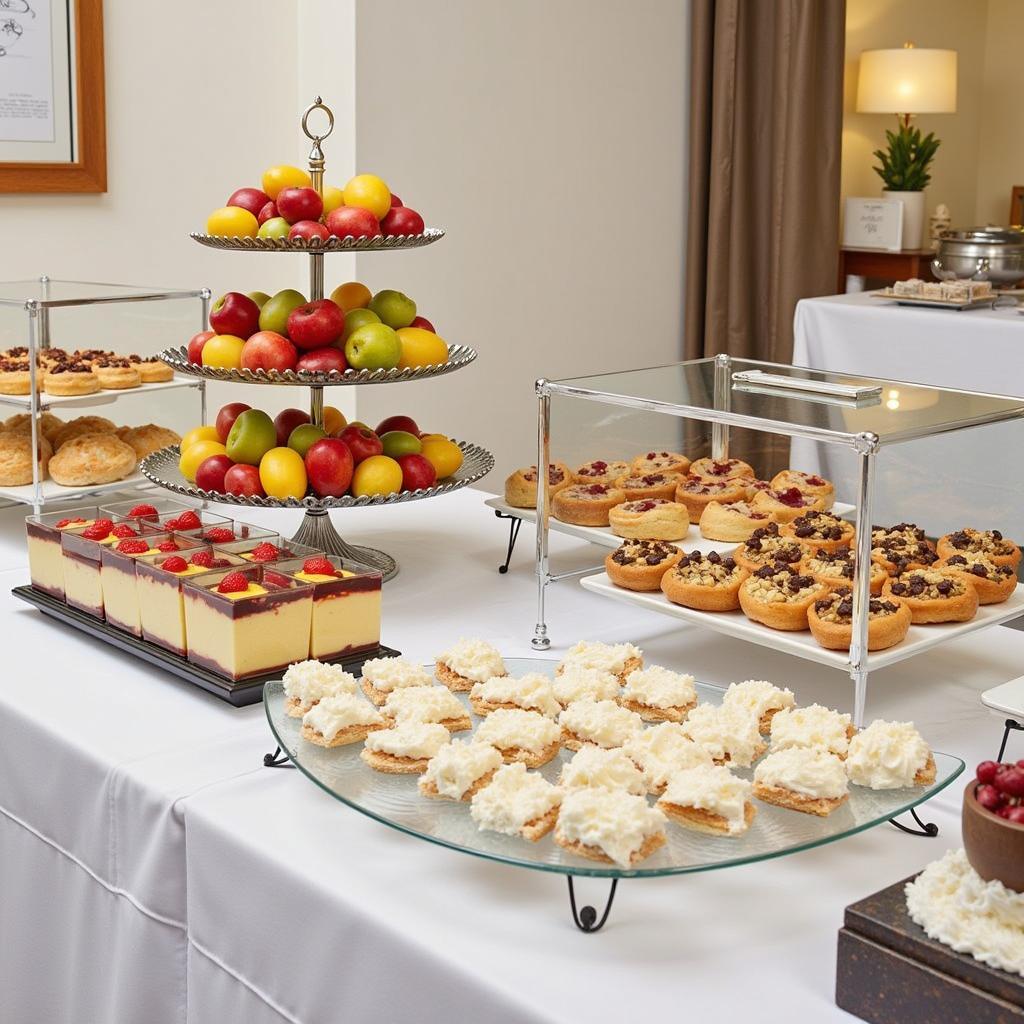 Various acrylic food display types on a buffet table, showcasing different food items.