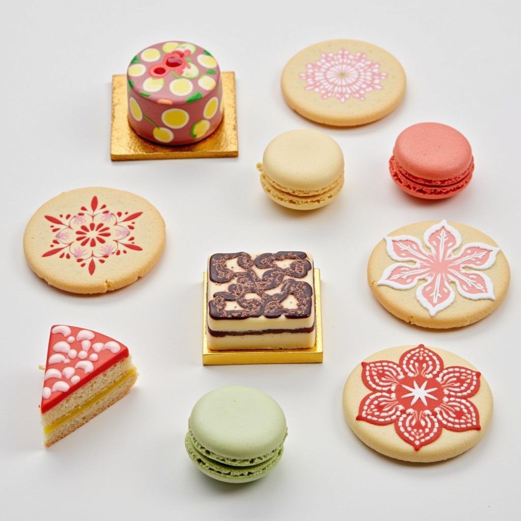 Various food items printed with intricate designs using an inkjet printer