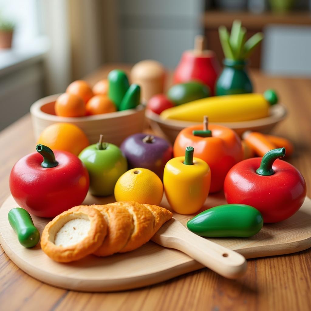 Different Items from a Wooden Food Set Displayed on a Table