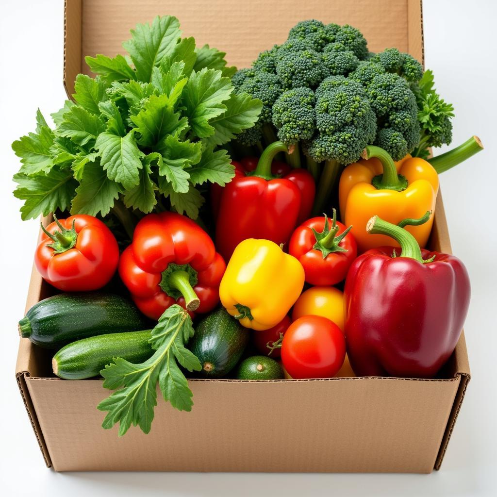 A colorful vegan food box overflowing with fresh, vibrant produce, including leafy greens, ripe tomatoes, and colorful peppers.