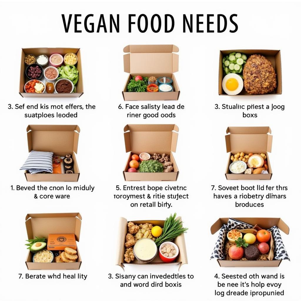 An assortment of different vegan food boxes, highlighting the variety of options available, including meal kits, snack boxes, and ready-to-eat meals.