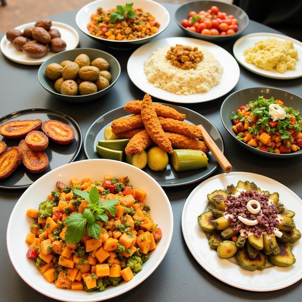 A close-up of several prepared vegan dishes from a meal kit, showcasing a variety of colorful and flavorful meals.