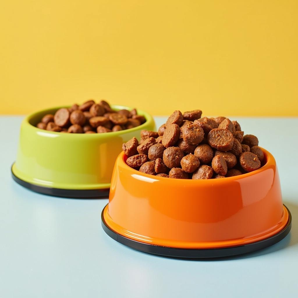 Vegan wet dog food served in colorful bowls