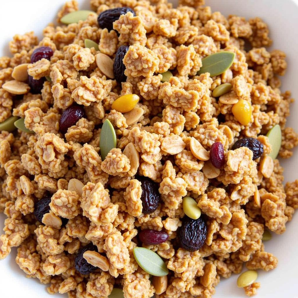 A close-up shot of homemade granola, featuring rolled oats, nuts, seeds, and dried fruits.