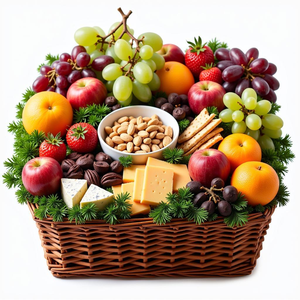 A beautiful gift basket overflowing with assorted vegetarian treats, including fresh fruits, gourmet cheeses, crackers, nuts, and chocolates.