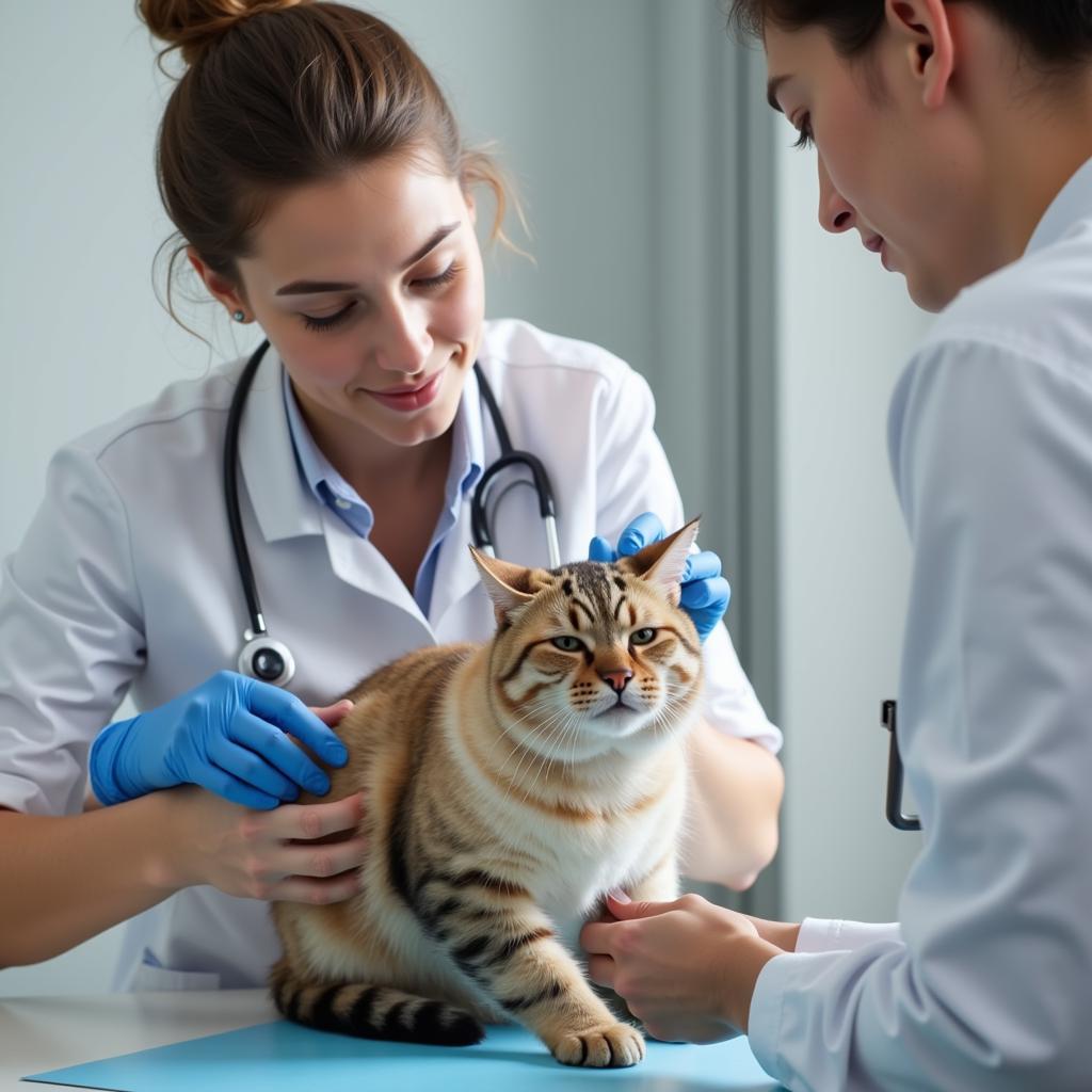 Veterinarian examining a cat