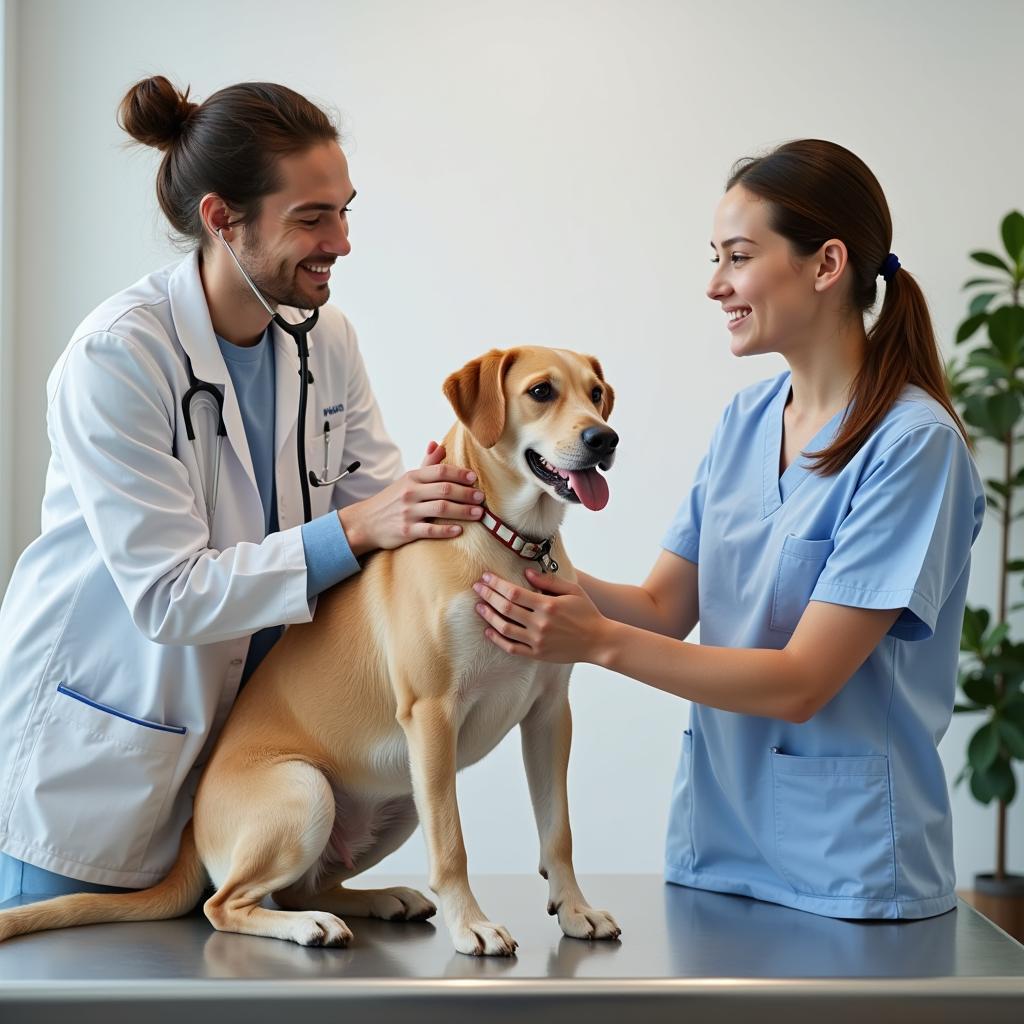 Veterinarian performing a check-up on a healthy dog