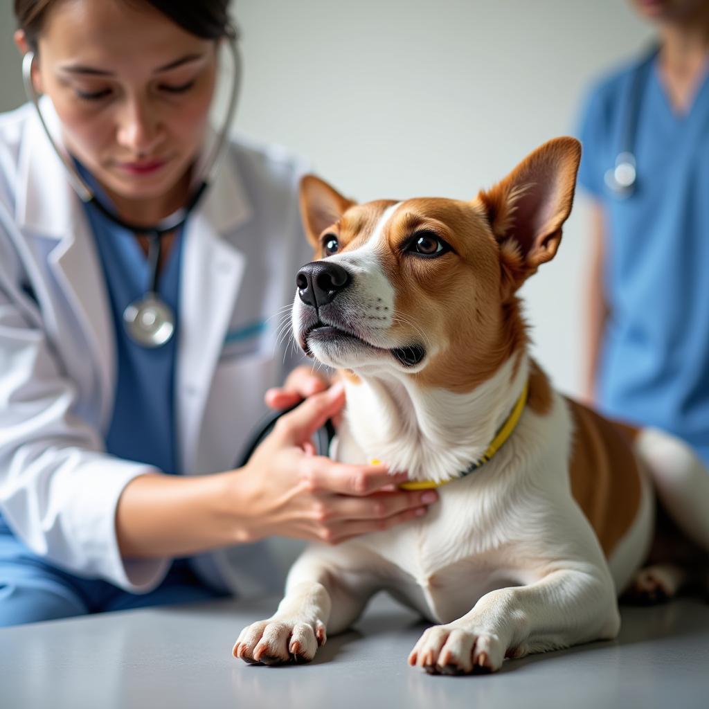 Veterinarian examining a dog in a clinic