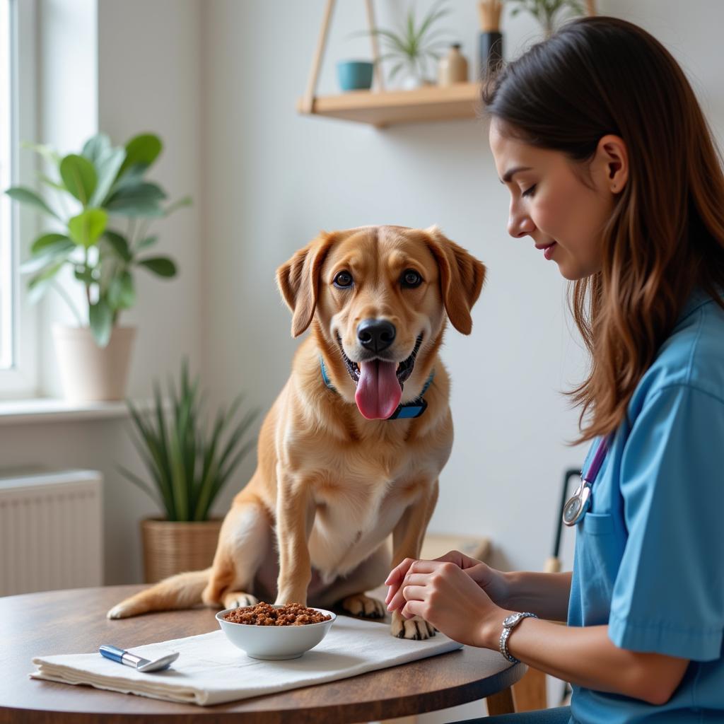 A veterinarian examining a dog while discussing dietary supplements with the owner.