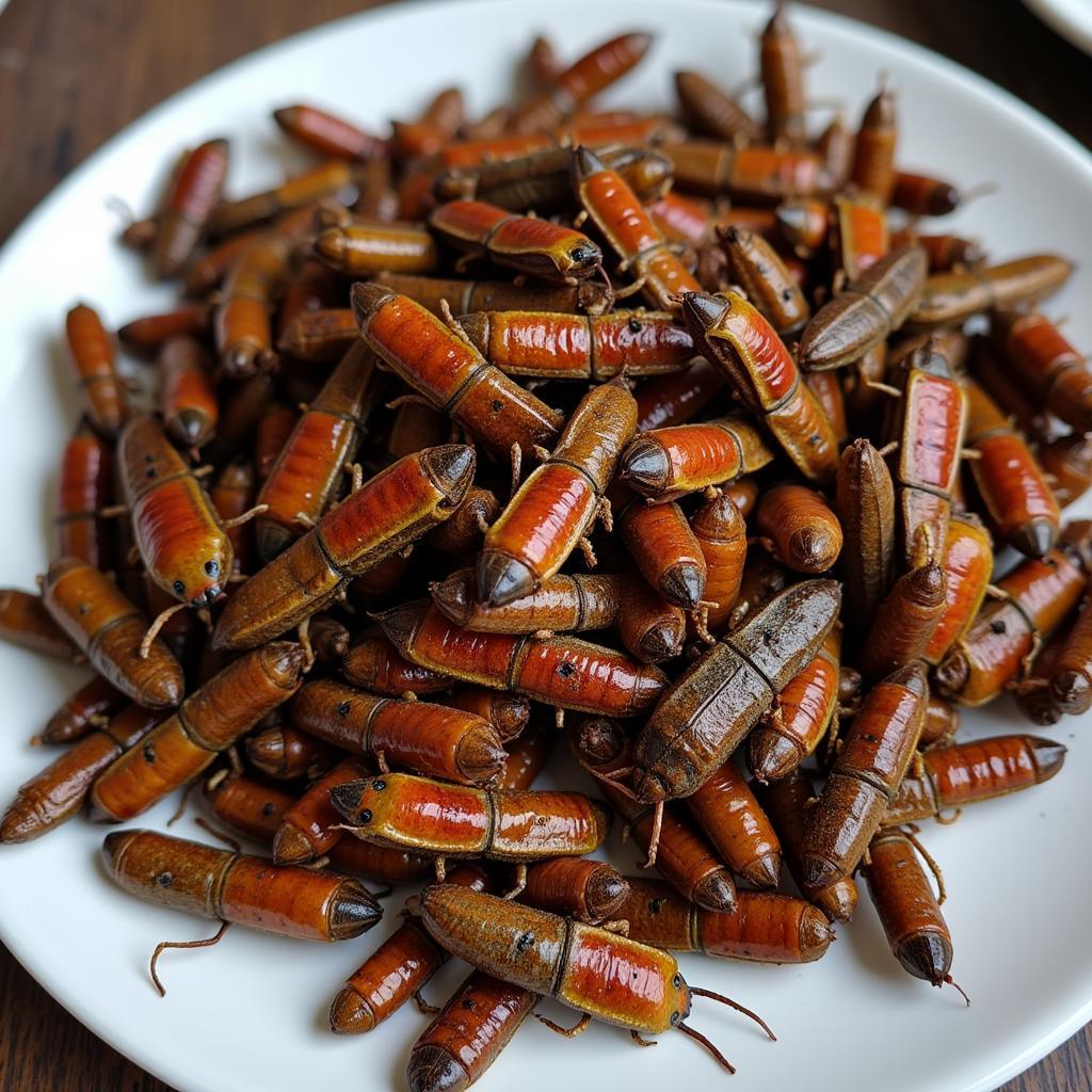 Close up shot of various cooked insects served as street food in Vietnam