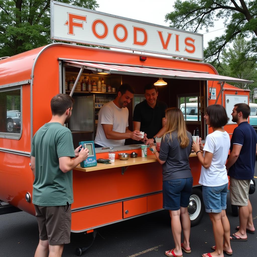 A bustling vintage food trailer serving customers at a vibrant outdoor event, with people enjoying food and drinks in a festive atmosphere.