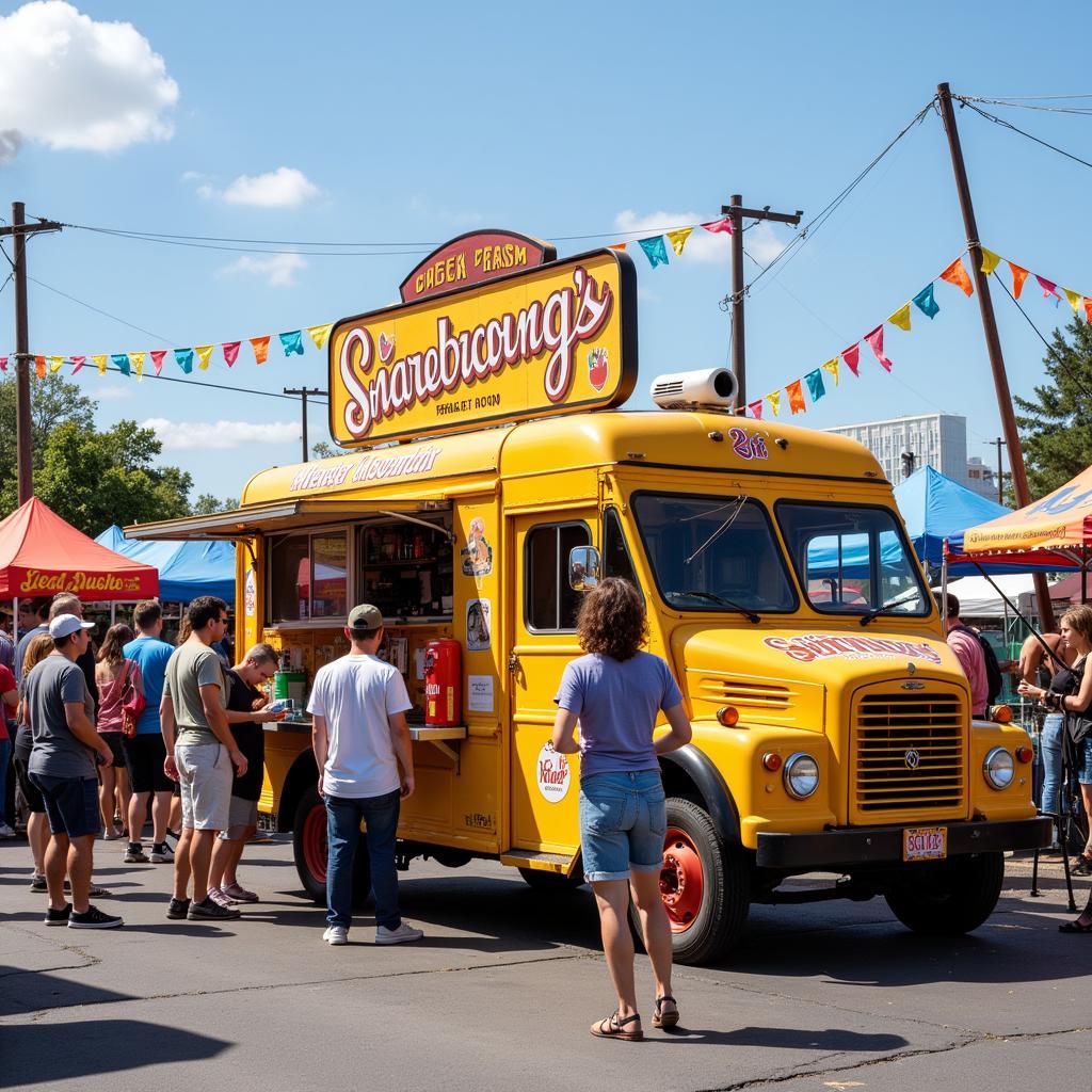 Vintage food truck serving customers at a bustling street festival