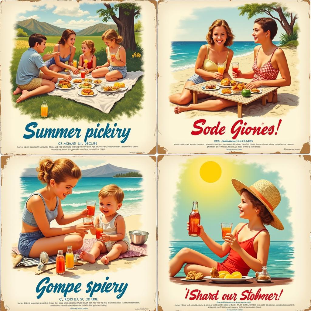 Vintage soda posters with summery themes, showcasing refreshing drinks and outdoor scenes.