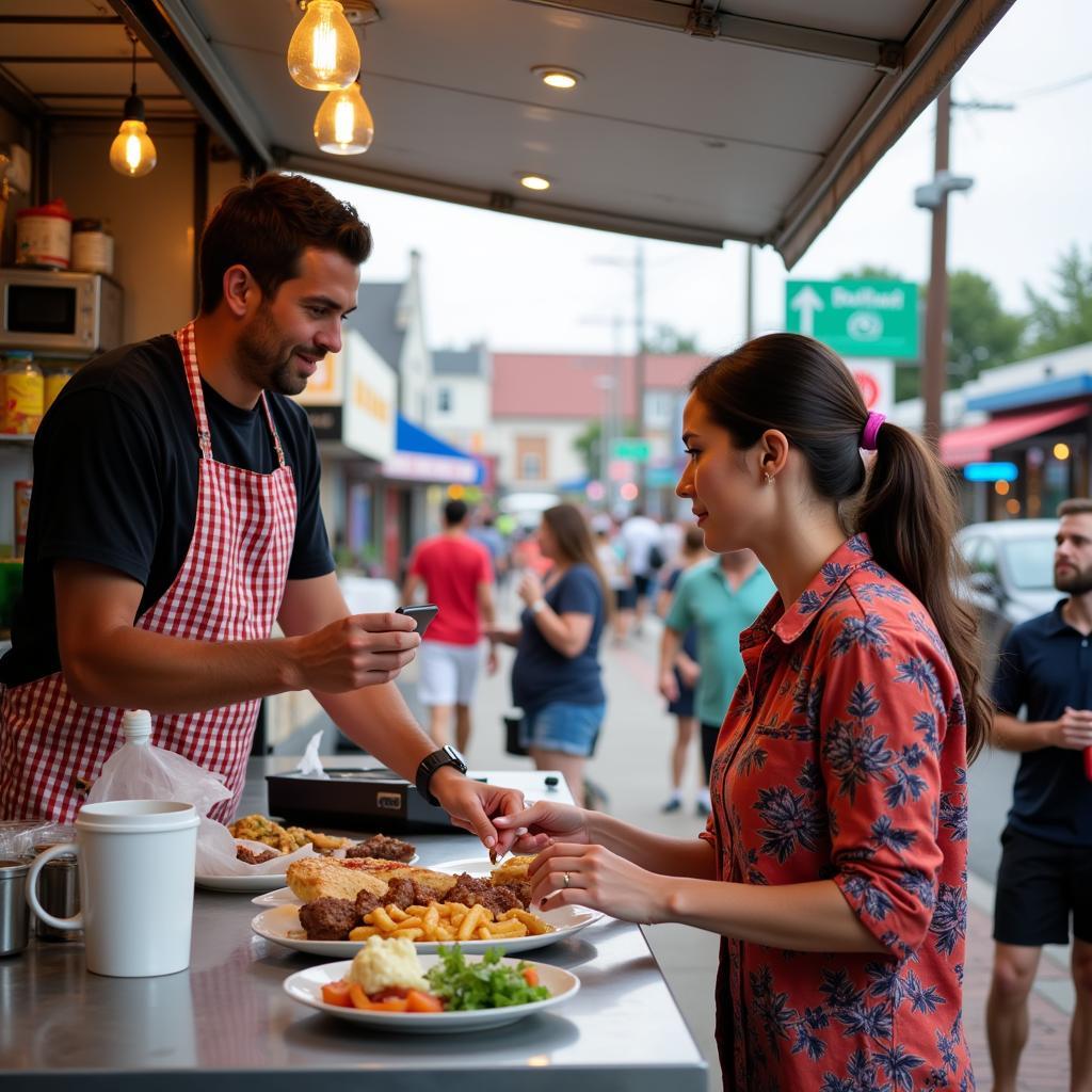 A food truck owner interacting with customers at a busy Virginia Beach location.