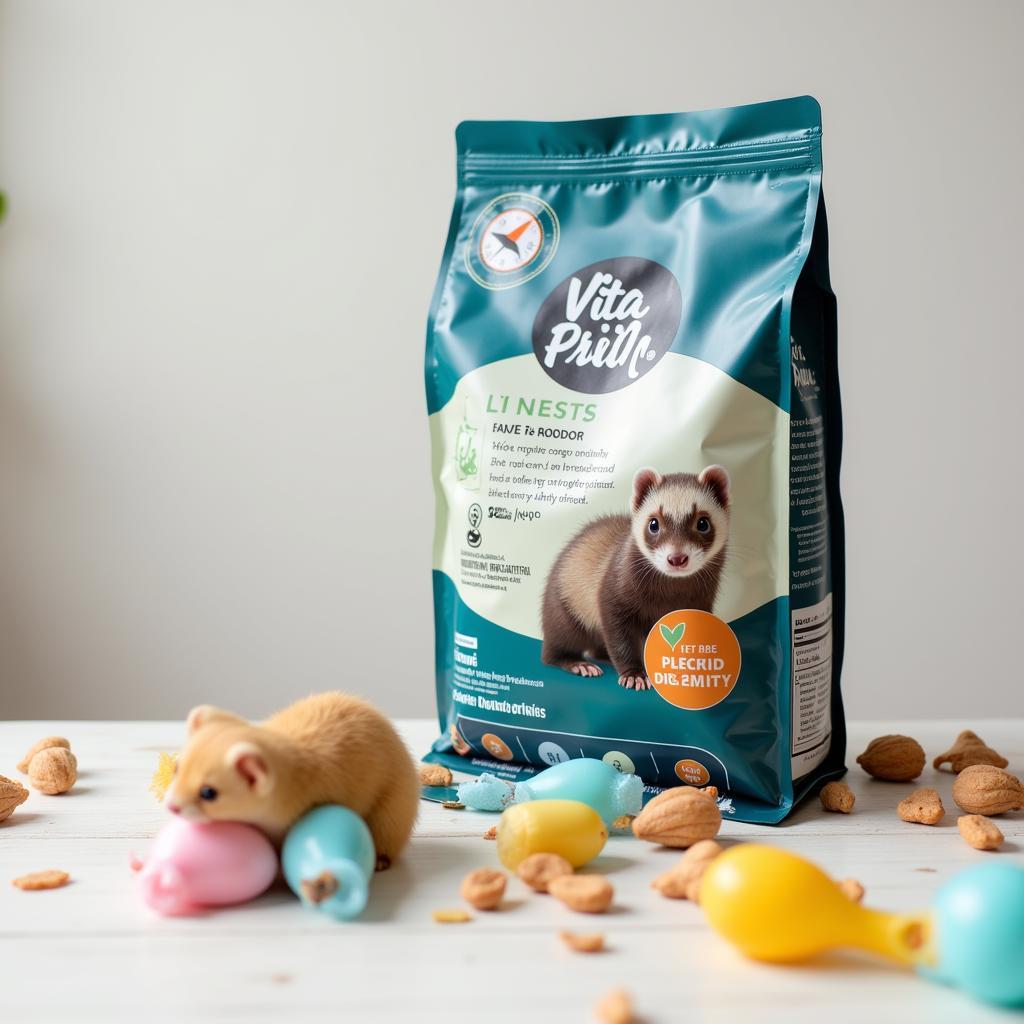 A bag of Vita Prima ferret food displayed prominently.