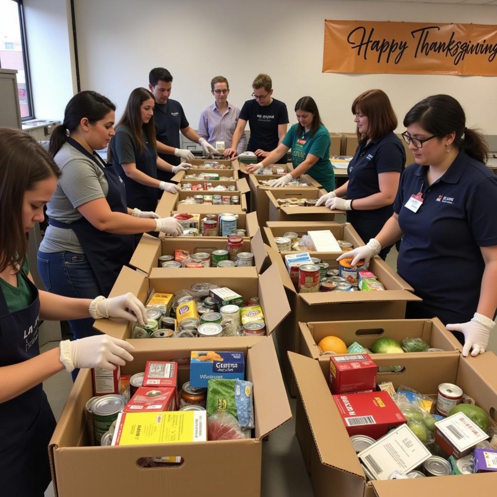 Volunteers Packing Thanksgiving Food Boxes at a Local Food Bank