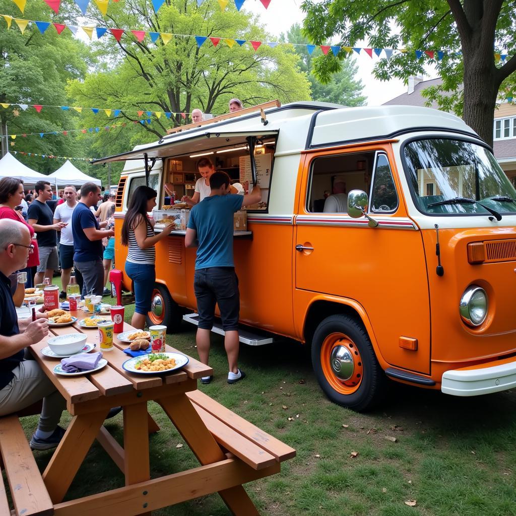 Vintage VW bus food truck serving customers at a bustling outdoor food festival