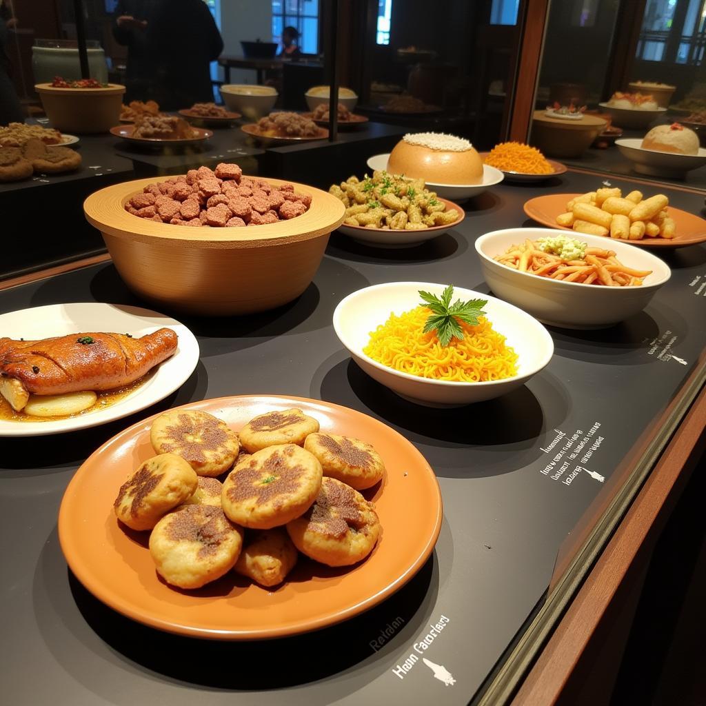 Wax food models depicting historical culinary traditions in a museum display case.