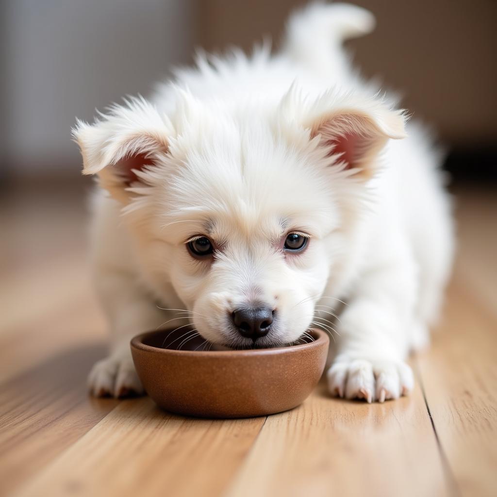 A West Highland White Terrier puppy eating kibble from a bowl.