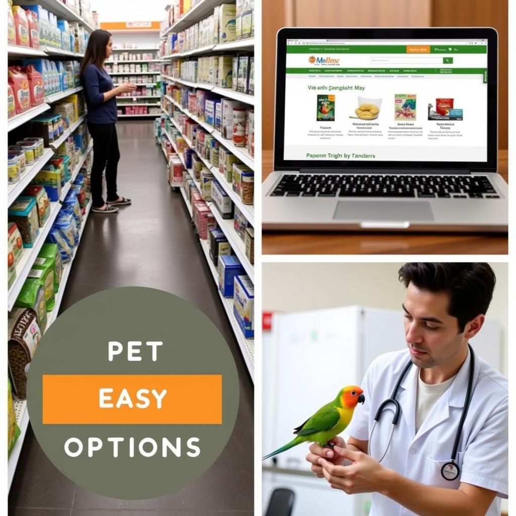 Various options for purchasing bird food, including local pet stores, online retailers, and avian veterinarians.