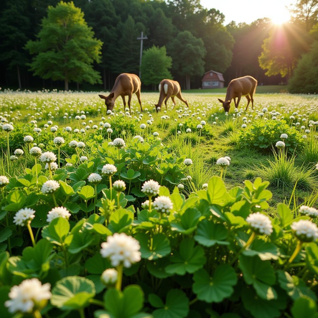 Deer Grazing in a Lush White Clover Food Plot