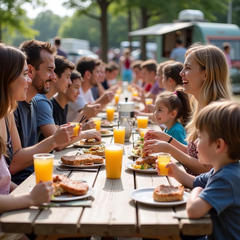 Families enjoying meals from food trucks at Wickham Park.